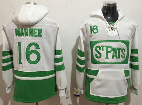 Maple Leafs #16 Mitchell Marner White/Green St. Patrick's Day Pullover NHL Hoodie - Click Image to Close